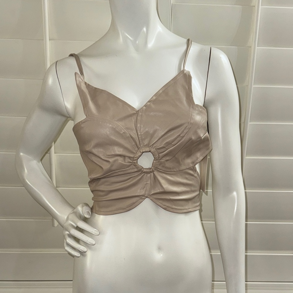Pretty Garbage Vegan Leather Flower Shaped Crop Top in Tan